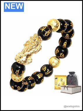 Feng Shui Obsidian Bracelet 24k Gold Plated Pixiu 12mm Mantra Beads